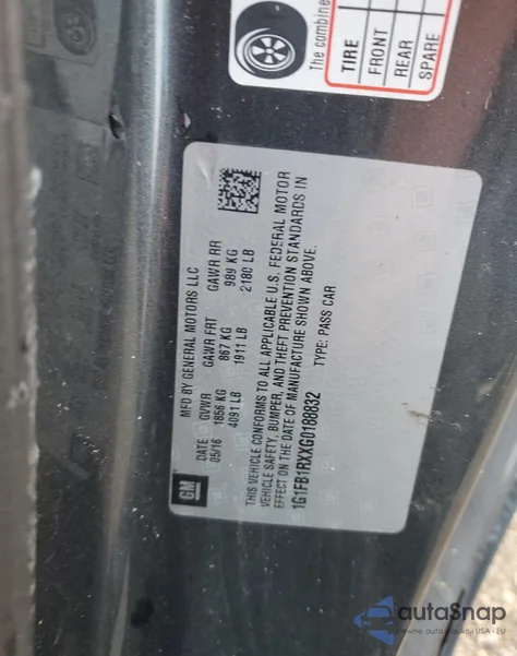 2016 Chevrolet Camaro Lt из США, поврежденный, VIN 1G1FB1RXXG0188832